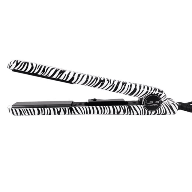 ISO Beauty Spectrum Pro Limited Animal 1.25" Ceramic Hair Straightener in a white zebra print design. Features 100% ceramic floating plates, adjustable temperature control from 180-450°F, and infrared and ionic technology for smooth, frizz-free styling. Includes an ergonomic design, 8' swivel cord, and dual voltage compatibility.