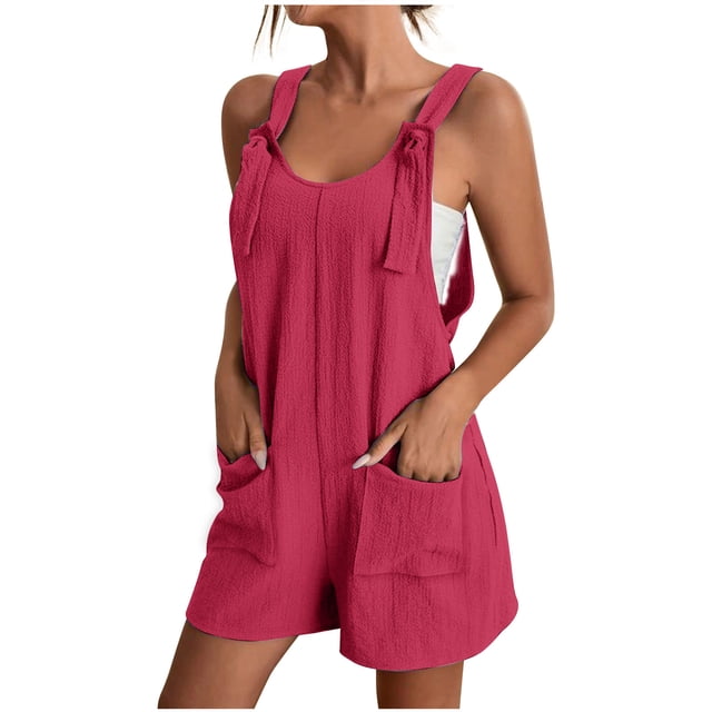 yoeyez Combinaisons et Salopettes pour Femmes pour l'Été, Combinaisons à Bretelles Ajustables Unies pour Femmes Sans Manches à Col Rond, Combishorts Salopettes avec Poches Rouge, P