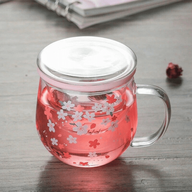2X Sakura Mug Glass Mug with Tea Infuser Filter&Lid Cherry
