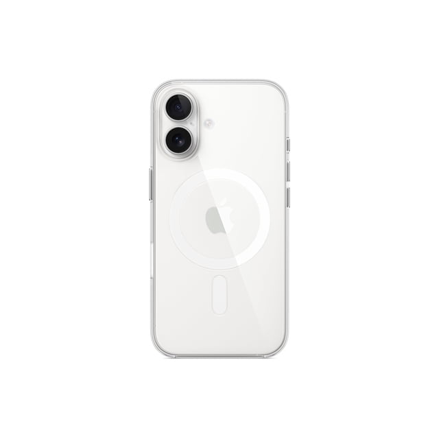Apple iPhone 16 Clear Case with MagSafe, a transparent cellphone case made from optically clear polycarbonate and flexible materials. It fits snugly over buttons for easy use and features a scratch-resistant coating to prevent yellowing. Built-in magnets ensure seamless attachment and faster wireless charging compatibility with MagSafe, Qi2, and Qi-certified chargers. Designed to protect against scratches and drops while showcasing the iPhone 16's finish.