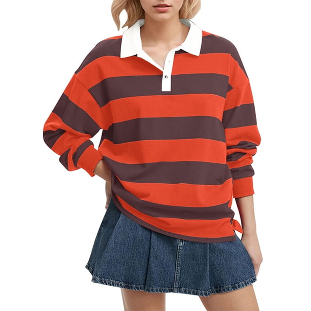 HAiming Womens Striped Tops Long Sleeve Lapel Collar Pullover Color Block Casual Blouses Fall Trendy Clothes