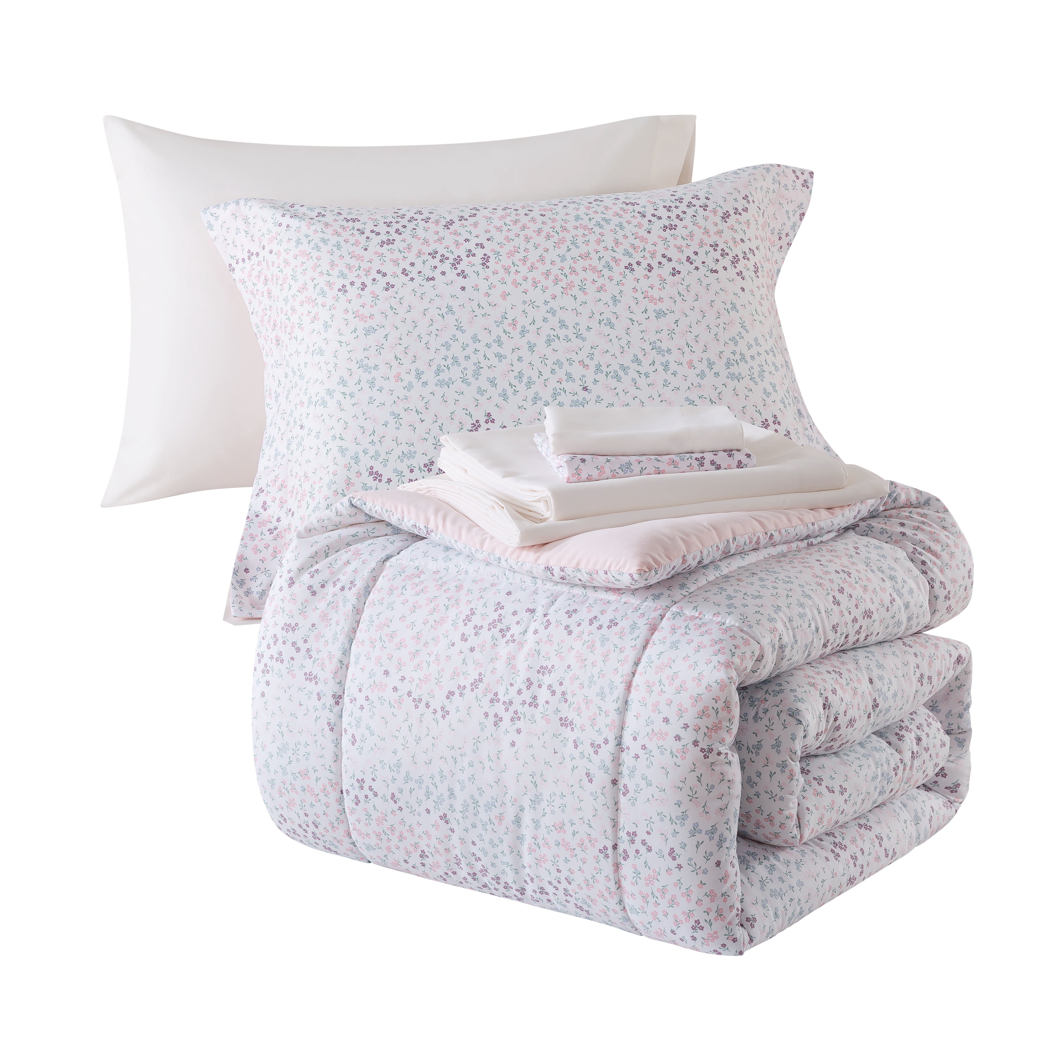 Mainstays – Ensemble de literie tout-en-un réversible avec couette et draps, 5 pièces, format simple très grand (Twin XL), rose blush