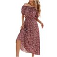 thumbnail image 2 of Ovzne Robes pour Femmes Robe pour Femme Mode Femmes Imprimé Floral Épaules Dénudées Manches Courtes Fermeture Élasticité Taille Rétractable Robe d'Été Manches Courtes Imprimée Liquidation, 2 of 7
