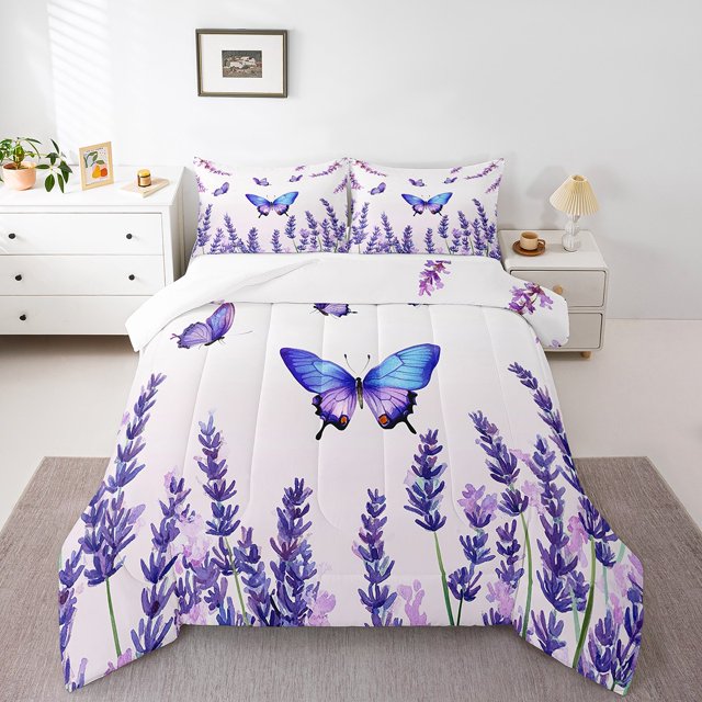 Ensemble de Literie Simple Papillon Violet pour Filles Enfants, Ensemble de Couette Lavande Violet, Literie Papillon de Rêve, Ensembles de Couette, Insert de Couette Floral Rustique de Ferme pour Garçons Ados, Courtepointe à Thème Romantique