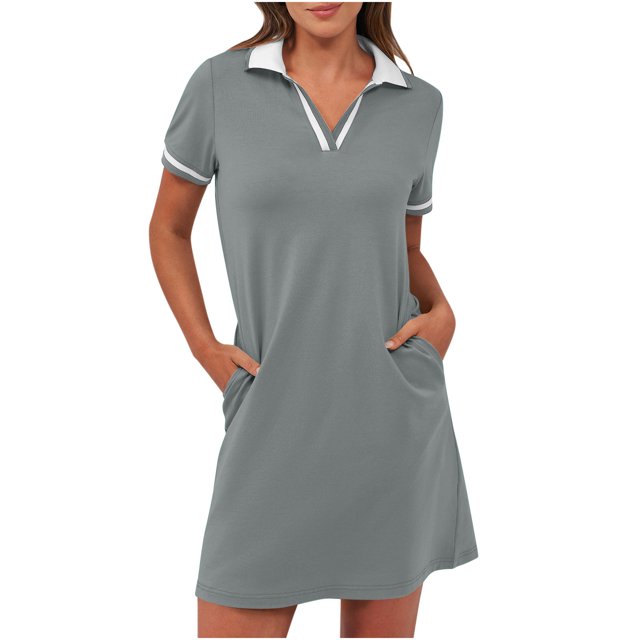 Dvprdro Robes pour Femmes Mode Classique Uni à Manches Courtes Robe Mini Décontractée d'Été Tennis Golf Robe Chemise avec Poches