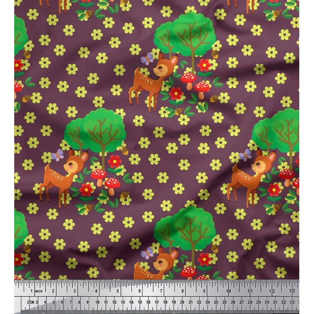 Soimoi Poly Georgette Fabric Floral,Tree & Deer Kids Decor Fabric Printed Yard 42 Inch Wide