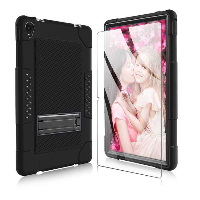 Mignova for Lenovo Tab P11 Case, a heavy-duty, drop-proof, shock-resistant rugged protective case in black with a built-in kickstand and screen protector. Designed for Lenovo Tab P11/P11 Plus 11-inch tablets, featuring a hard plastic bumper, soft silicone outer layer, and raised lips for screen and camera protection. Includes precise cutouts for buttons and ports, and a non-slip back for easy grip. Comes with a 9H tempered glass screen protector.
