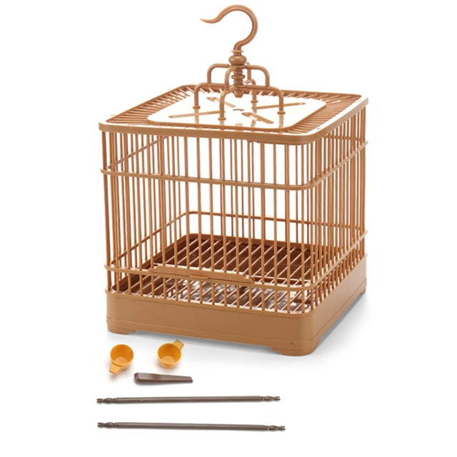 AIHOME Bird Feeding Cage Breathable Bird Carrier Parrot Retro Square Travel Cage for Small Birds in a vintage color. Made of high-strength engineering plastic, the cage measures approximately 23x23x32cm and features a retro square design with a hook on top for hanging. The set includes two plastic cups, a feeding spoon, two standing poles, a top cover, four fences, and a base. Lightweight and portable, it is suitable for small birds like Conures, Cockatiels, and Mini Macaws.