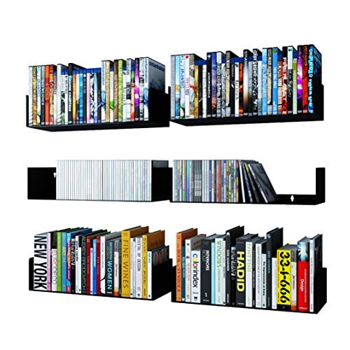 Wallniture Bali Black Floating Shelves for Wall, CD DVD Storage Shelves and Metal Bookshelf Set of 6