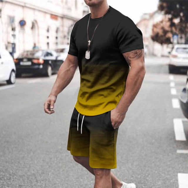 NTACZA Men's Shorts Set Athletic Short Sleeve Shirt Tracksuits Crew Neck Gradient Big And Tall Sweatsuits M