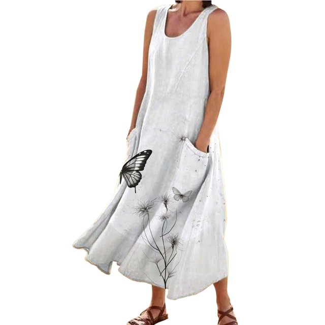TJAZFJPA Robe de Plage Couvre-Maillot Mode Femme Col Rond Décontractée Imprimé Pissenlit 3D Sans Poignets Poche Longue Robe Débardeur Robe Décontractée Robes de Designer pour Femmes Robe pour Femmes