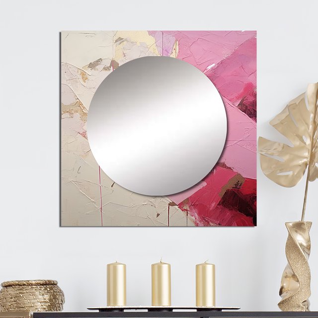 Designart "Minimal Abstract River in Gold and Pink III" Fuschia Square Mirror For Wall Decor - Large Beige Square Printed Wall Mirror Art - Wall Mounted Square Large Mirror