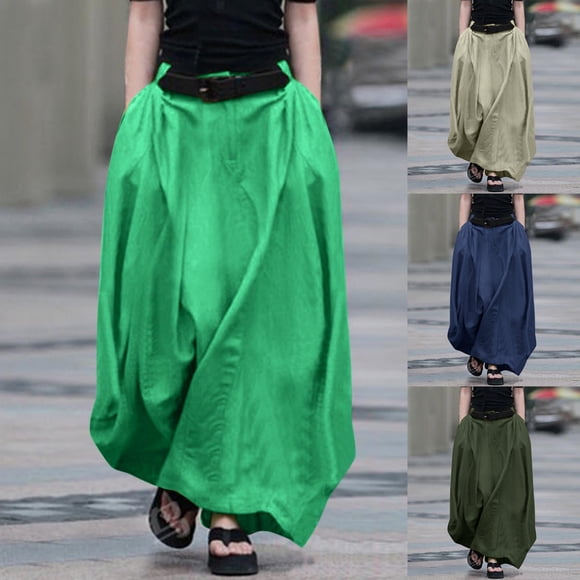 QATAINLAV Women's Maxi Skirt Pleated Flowy Button High Waisted Skirts Casual Loose Plus Size Clothes with Pockets, Dark Blue, L, Spring Savings
