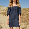thumbnail image 2 of Mrat Robe en Coton et Lin pour Femmes Vêtements Décontractés Couleur Unie Col Carré Manches Mi-Longues Robe Ample Courte P-42 Bleu m, 2 of 4