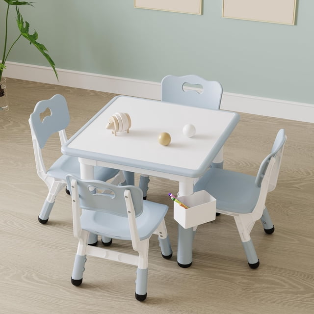 Kids Table and 4 Chairs Set, Height Adjustable Toddler Table and Chair Set, Graffiti Desktop, Children Multi-Activity Table for Classroom/Daycare/Home