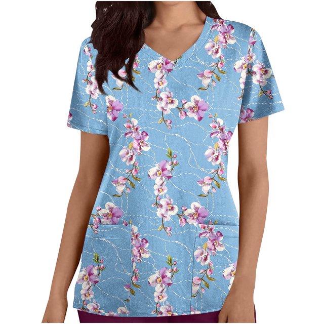 Pisexur Womens Scrub Tops Boasting Colorful Floral Prints Along With Short Sleeve Scrub Tops Suitable for Nursing Uniforms With Convenient Pockets