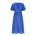 thumbnail image 4 of Mikilon Robes d'Été pour Femmes Ensemble Jupe Aguichant Robe à Carreaux à Manches Courtes Lanterne Aguichant à Col en V Profond Robes Gaine Mode Décontractée Taille Haute Unie Robe de Soirée avec Fente Bleu-B L, 4 of 6