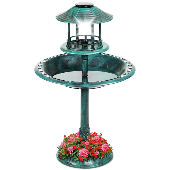 Best Choice Products Solar Outdoor Bird Bath Vintage Resin Pedestal Fountain with Planter Base, Feeder, Bird Cage, Fillable Stand - Green