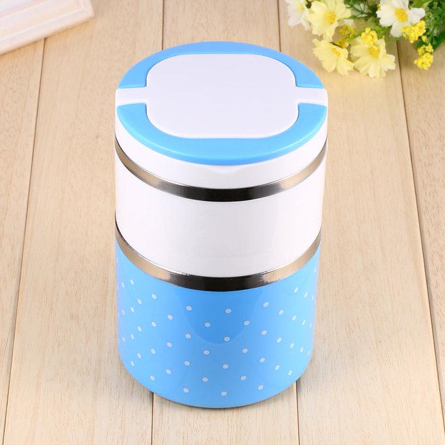 Fdit 1-3 Layer Stainless Steel Insulation Thermo Thermal Lunch Box Food Container in blue with a polka dot design. Features double insulation, silicone sealing ring, and stainless steel inner layer. Compact design with double handles for easy carrying. Suitable for heat preservation up to 3 hours. Ideal for adult lunch storage and kitchenware use. Available in 600ml, 900ml, and 1200ml capacities.