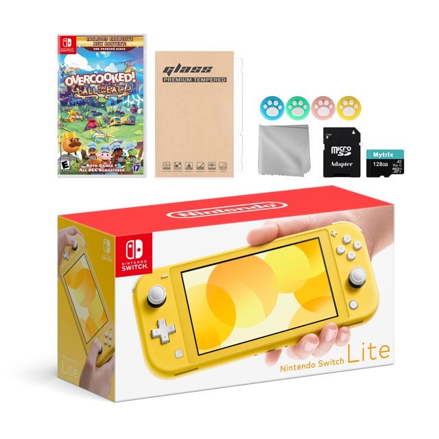 Nintendo Switch Lite Yellow with Overcooked! All You Can Eat, Mytrix 128GB MicroSD Card and Accessories NS Game Disc Bundle Best Holiday Gift