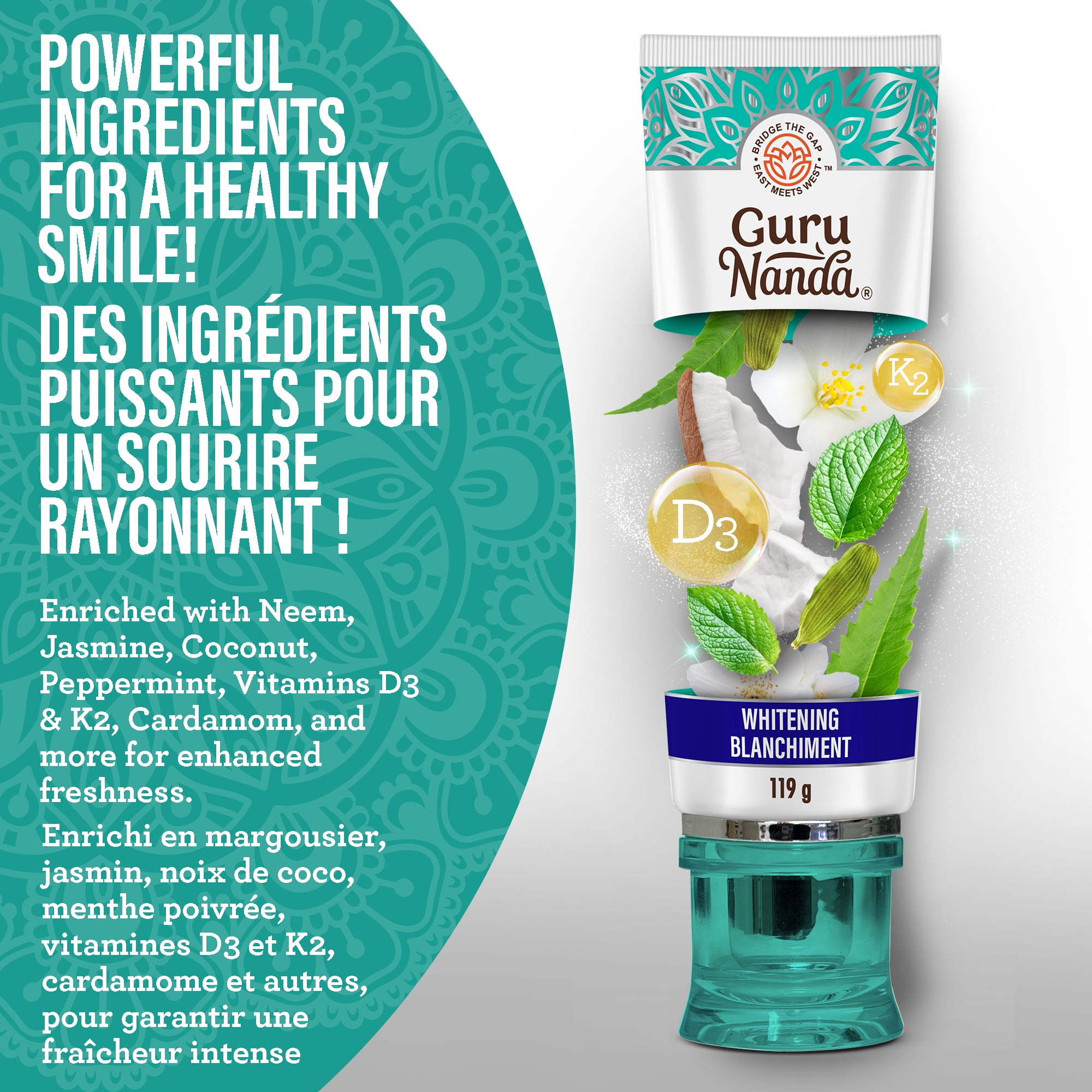 GuruNanda Dentifrice Blanchissant avec Neem & Hydroxyapatite, Noix de Coco-Menthe et Jasmin, Sans Fluorure, 119g