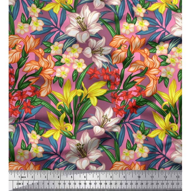 Soimoi Pink Poly Georgette Fabric Leaves, & Lily Floral Print Fabric by Yard 52 Inch Wide