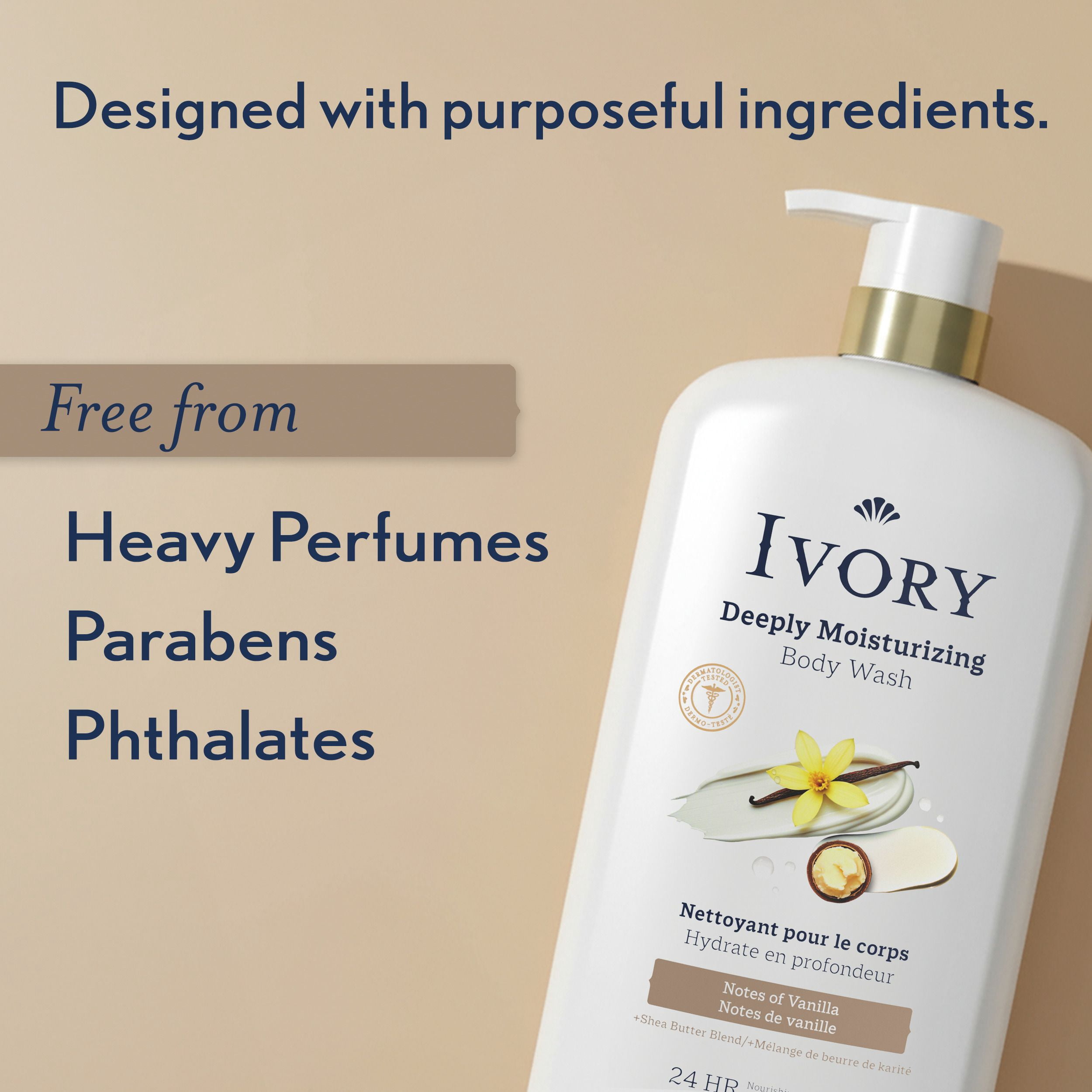 Nettoyant pour le corps Ivory Hydrate en profondeur, hydratation nourrissante pendant 24 h, apaise la peau sèche qui démange, fait d’un mélange de beurre de karité, parfum Notes de vanille, 798 mL