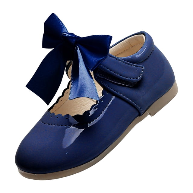 Splozh Girls Dress Shoes Low Heel Summer and Spring Girls Boots Cute Flat Solid Color Round Head Ribbon Bow Hook Loop Blue,16-17 Months
