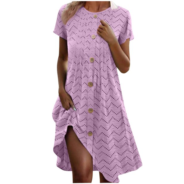 Mgmyaa Robe d'Été Décontractée pour Femme à Manches Courtes, Midi à Boutons, Robe de Plage, de Voyage et de Vacances