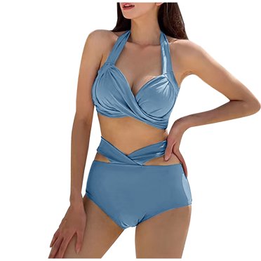 Women Two Piece High Waisted Bikini Set Twist Front Tie Back Swimsuit Halter Tummy Control Bathing Suits