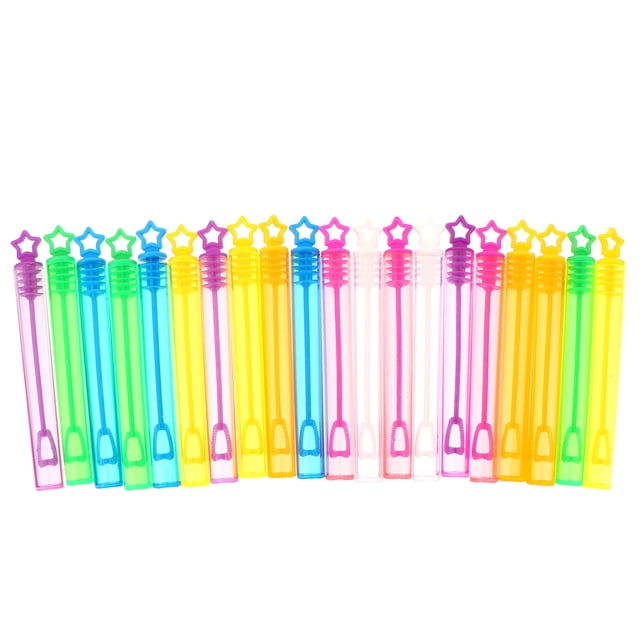 30pcs refilled bubble wands for children, featuring a star-shaped design and mixed colors. Made of durable plastic, these empty bubble wands are lightweight and easy to refill, ideal for DIY bubble liquid. Perfect for outdoor play, summer vacations, and party favors.