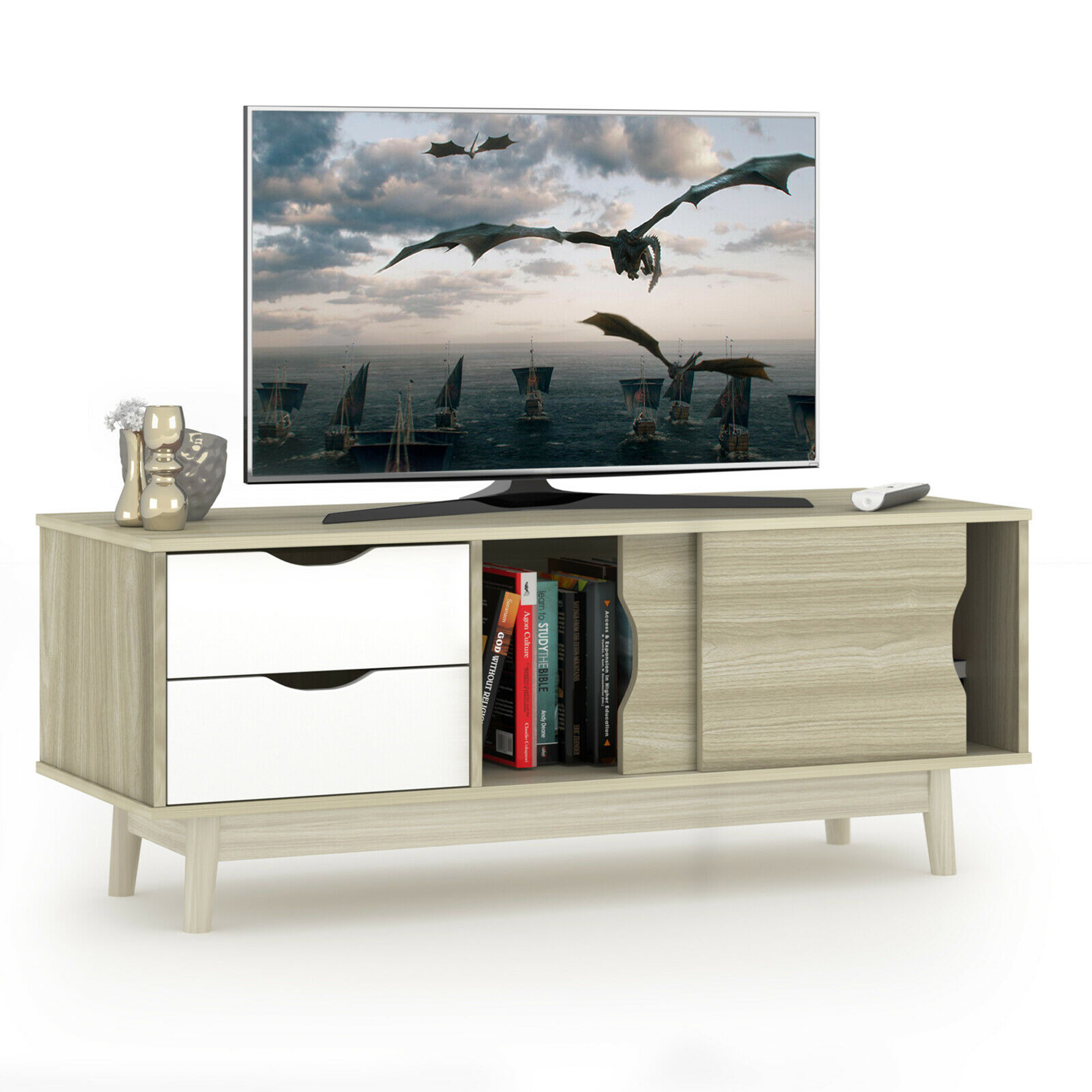 Gymax Meuble Télé pour Télé jusqu'à 60 Pieds' Console Multimédia Table de Rangement avec Portes Chêne