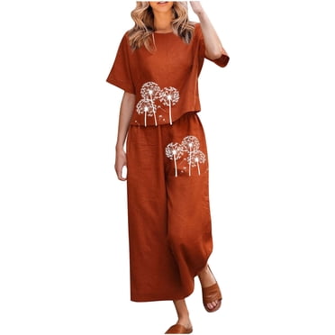 Womens 2 Piece Outfits Lounge Matching Sets Cotton Linen Wide Leg Pants Short Sleeve Tops Trendy Clothes Vacation Set