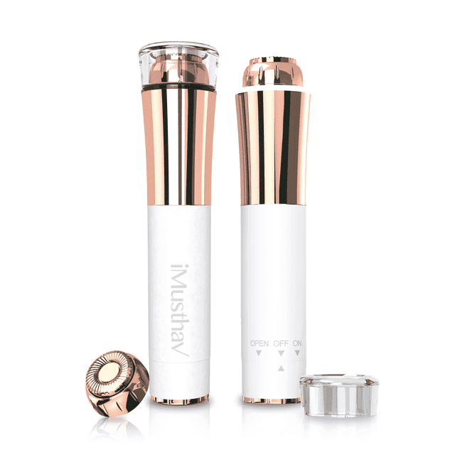 iMusthav Portable Flawless Facial Hair Remover Trimmer Epilator, a Crystal White and rose gold compact device designed for painless facial hair removal. Features a 13mm ring blade head, 360° LED light for precision, and detachable blade for easy cleaning. Ideal for women's grooming and quick touch-ups during travel. Includes a cleaning brush and AAA battery.