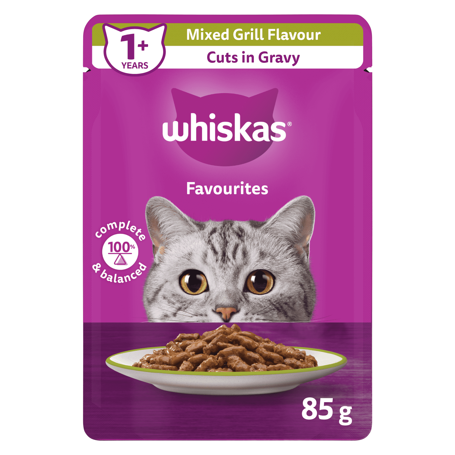 WHISKAS FAVOURITES Adult Wet Cat Food Cuts in Gravy Mixed Grill Flavour 85g Pouch