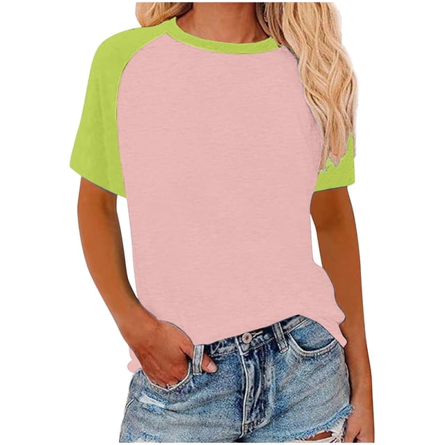 Womens Summer Raglan T-Shirts Color Block Plus Size Baseball Tees Casual Short Sleeve Loose Pullover Pink, L