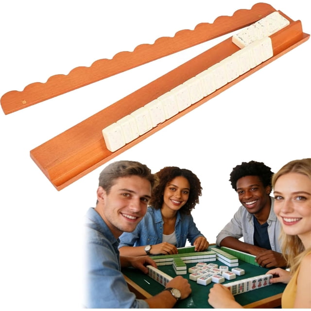 karymi Wooden Mahjong Rack Set with Fully Detachable Scalloped Magnetic Pushers, 17 Inch Tile Holder for Four Players, Classic Elegant Design for Gaming House Decor