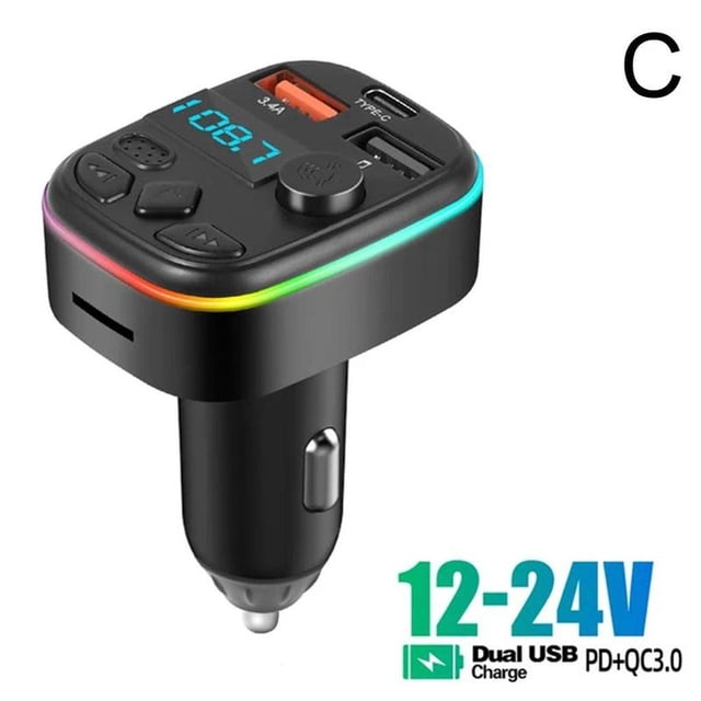 Car FM Transmitter Bluetooth 5.0 Handsfree With Type-C Dual USB 3.0A Fast Charger Ambient Light Cigarette Lighter FM Modulator