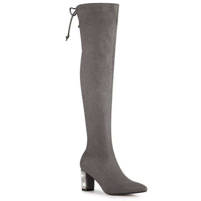 Unique Bargains Women's Chunky Heels Rhinestone Over the Knee High Boots Grey (Size 7)