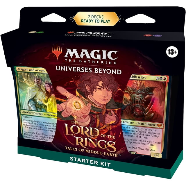 Magic The Gathering The Lord of The Rings: Tales of Middle-Earth Starter Kit featuring a multicolour box with artwork of Aragorn, Arwen, and Sauron. Includes 2 ready-to-play 60-card decks, 1 foil Mythic Rare card, 4 Rare cards, a Learn-to-Play Guide, and 2 codes for online play in MTG Arena. Designed for 2 players, this kit combines Magic: The Gathering gameplay with The Lord of the Rings theme.