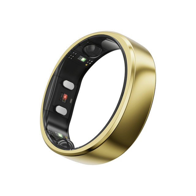 RingConn Gen 2 Ultra-Thin Smart Ring in gold, size 6, featuring a sleek ergonomic design with a rounded interior and square exterior. This wearable technology offers advanced health tracking, including AI-powered sleep monitoring, and boasts a lightweight build for everyday comfort. The ring includes up to 10-12 days of battery life, quick charging, and RingConn EcoPower technology for reduced power consumption. The interior showcases sensors and optical pathways for comprehensive monitoring. Recognized with the iF Design Award, it combines style and functionality.