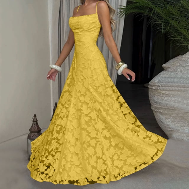 Xdegoge Robe Maxi Formelle pour Femmes Sans Manches à Encolure Carrée à Bretelles Spaghetti en Dentelle Florale Robes Élégantes Coupe Ajustée Soirée Fête Longues Robes Fluides Légères Été Vacances Invitée de Mariage Robes