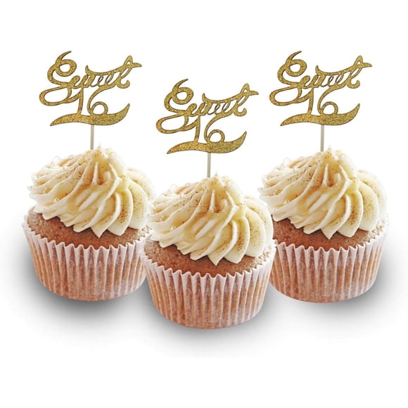 Paillettes Dorées Sweet 16 Pics à Cupcakes, 12 Pcs Pics à Cupcakes 16e Anniversaire pour Filles Décorations de Gâteau Fête Sweet Sixteen