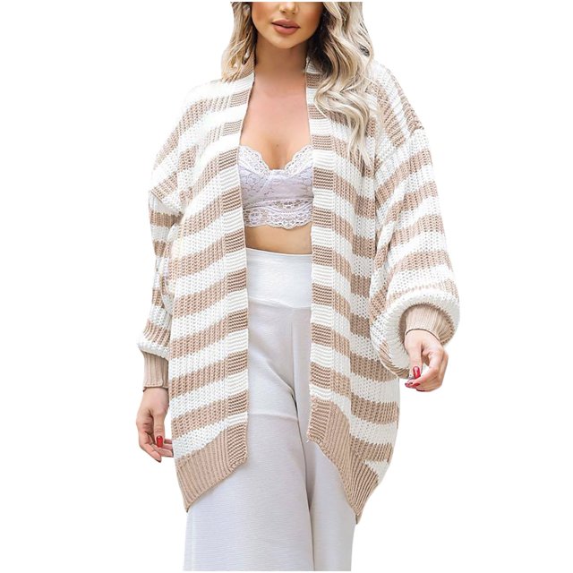 IROINID Cardigan Mi-Long pour Femmes, Veste Ouverte devant, Rayures, Manches Longues, Cardigan Décontracté, Ample, Blanc