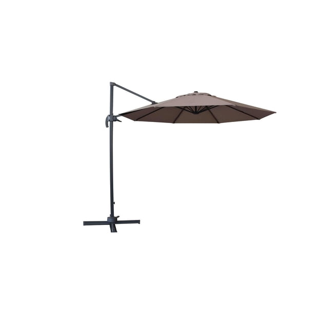 Valencia 10ft Cantilever Umbrella with a taupe 10-foot polyester canopy featuring airvents and 8 steel ribs, mounted on a powder-coated aluminum pole with a steel cross base, equipped with a pistol grip mechanism for 360-degree rotation and tilt adjustment, ideal for outdoor patio shade.