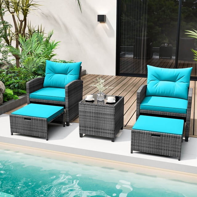 Costway 5 Piece Patio Rattan Furniture with 2 Ottomans & Tempered Glass Coffee Table Turquoise + Mix Gray