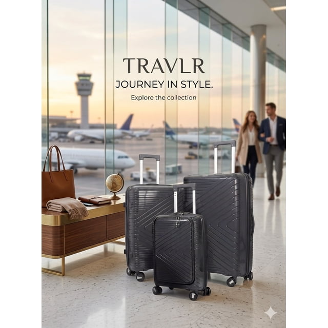 TRAVLR Express 3 Piece Luggage Set Front Opening 20" Carry On – Hardside Spinner Suitcase Set, Expandable 24" & 28" Checked Luggage, Recessed TSA Lock, Mute 360 Wheels, Anti-Blast Zippers-Dark Grey