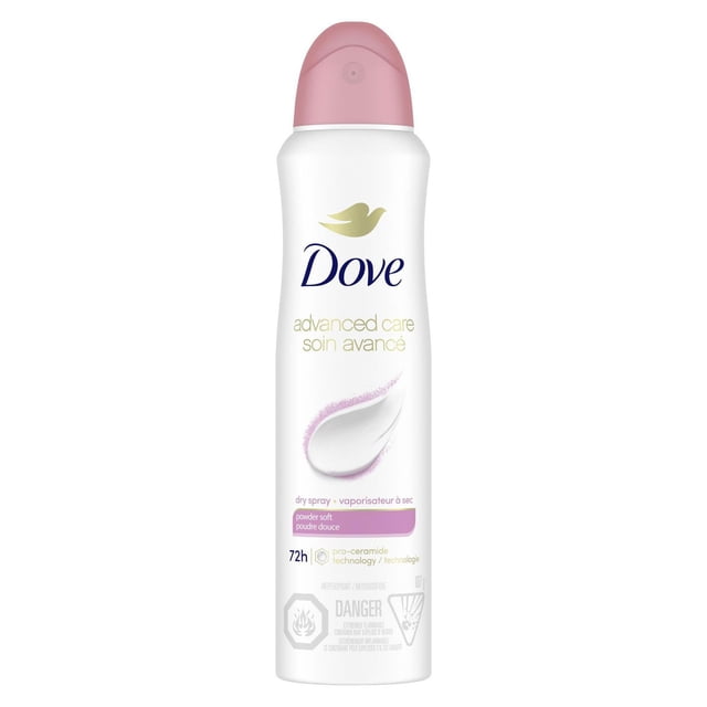 Dove Advanced Care Antiperspirant Deodorant Dry Spray Powder Soft, 107 g white cylindrical dry-spray can with blue Dove logo and Powder Soft label. Provides 72-hour odour and sweat protection with a powder scent and fresh floral notes; formulated with pro-ceramide. Shake well and spray from 15 cm. Suitable for freshening small travel or gym kits.