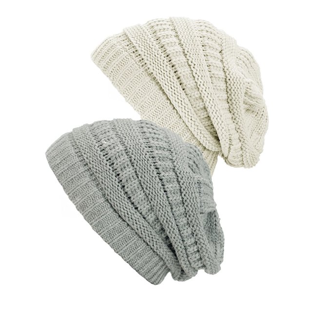 Womens Knit Beanie Cap Hat (2 PACK), Natural Gray/Ivory