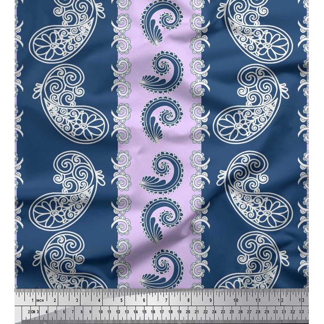 Soimoi Purple Silk Fabric Stripe & Paisley Printed Fabric 1 Yard 42 Inch Wide